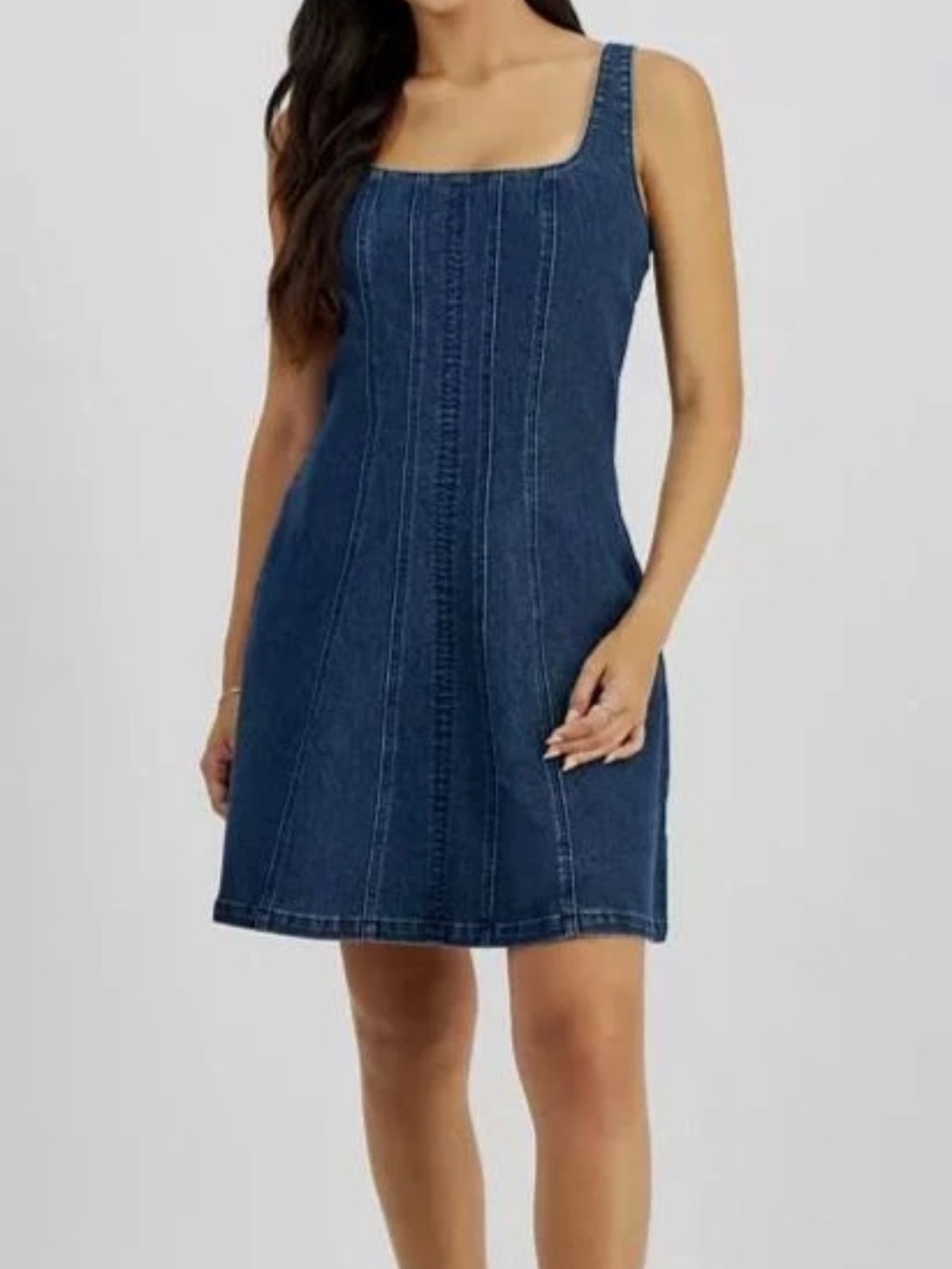 Tinsel Women's Blue Denim Seamed Unlined Square Neck Fit & Flare Dress Size L
